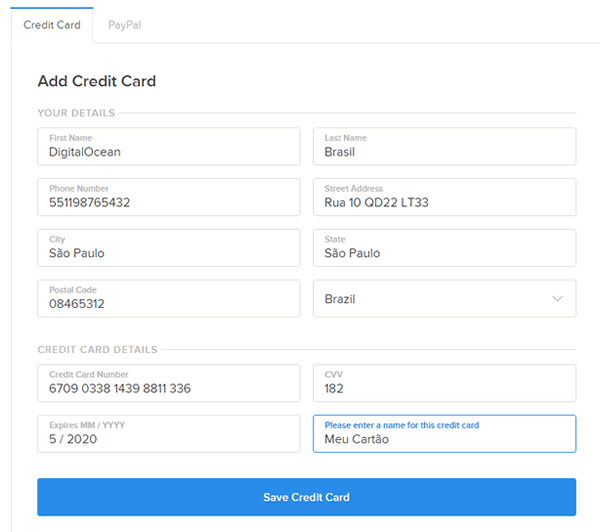 Exemplo de cadastro de cartão de crédito DigitalOcean